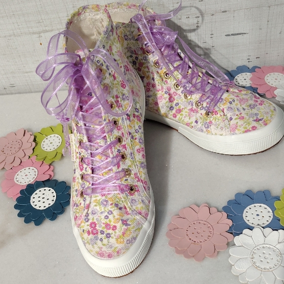 LOVESHACKFANCY X SUPERGA HIGH TOPS FLORAL WOMEN'S 8.5 PLUS EXTRA LILAC LACES Too - Picture 1 of 8